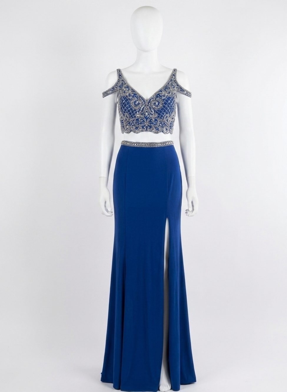 NEW RACHEL ALLAN embellished jersey two-piece evening gown in royal